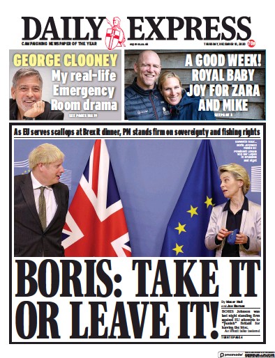Daily Express Newspaper Front Page for 10 December 2020