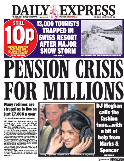 Daily Express Newspaper Front Page for 10 January 2018