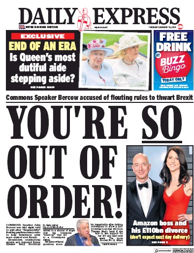 Daily Express Newspaper Front Page for 10 January 2019
