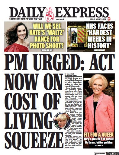 Daily Express (UK) Newspaper Front Page for 10 January 2022