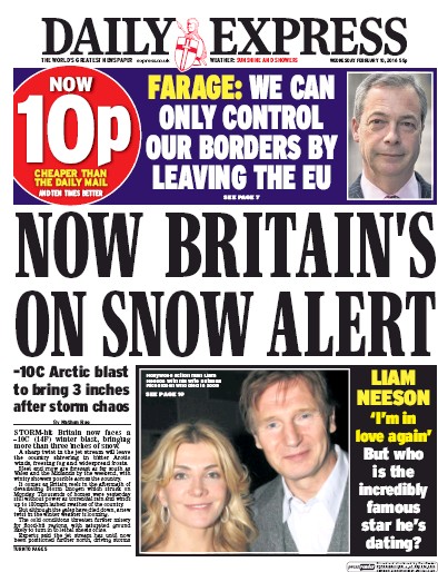 Daily Express (UK) Newspaper Front Page for 10 February 2016