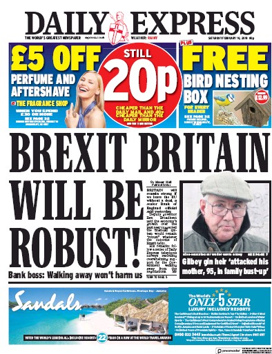 Daily Express (UK) Newspaper Front Page for 10 February 2018