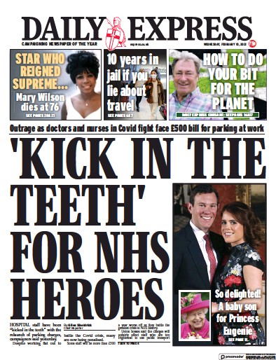 Daily Express Newspaper Front Page for 10 February 2021