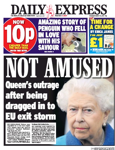 Daily Express Newspaper Front Page for 10 March 2016