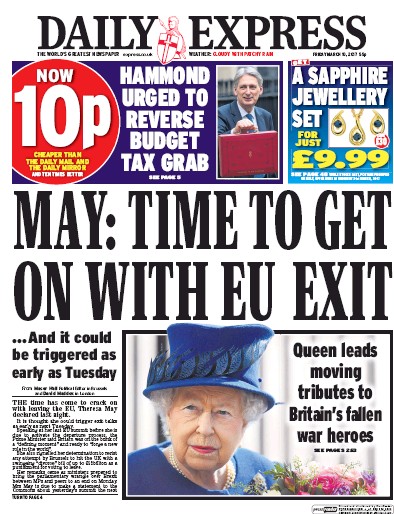 Daily Express (UK) Newspaper Front Page for 10 March 2017
