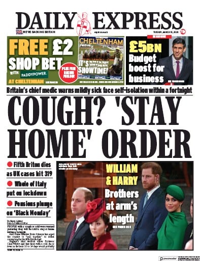 Daily Express Newspaper Front Page for 10 March 2020