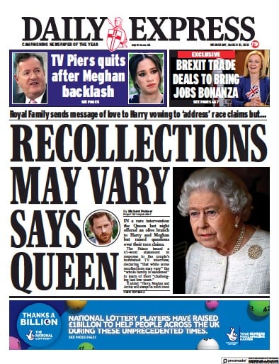 Daily Express (UK) Newspaper Front Page for 10 March 2021