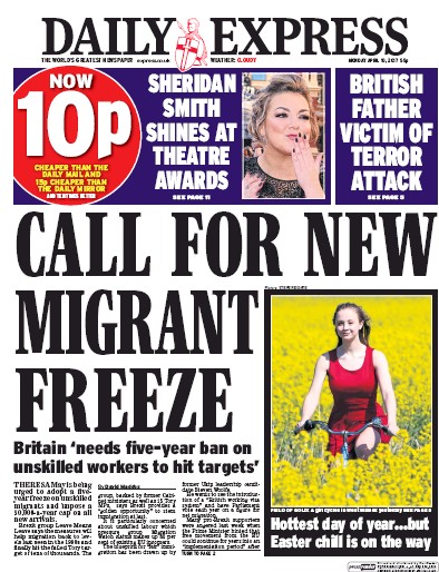 Daily Express Newspaper Front Page for 10 April 2017