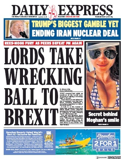 Daily Express (UK) Newspaper Front Page for 10 May 2018