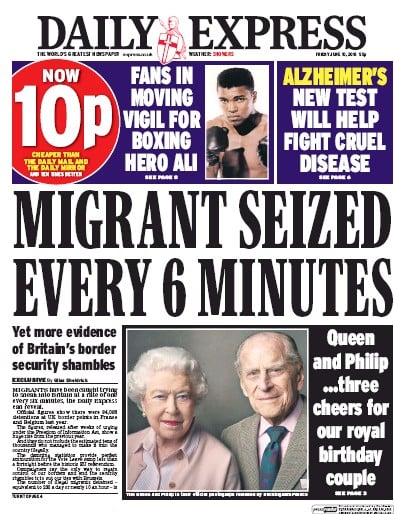 Daily Express Newspaper Front Page for 10 June 2016