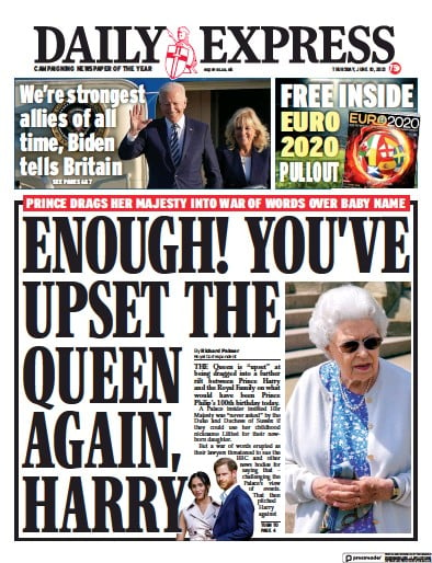 Daily Express Newspaper Front Page for 10 June 2021