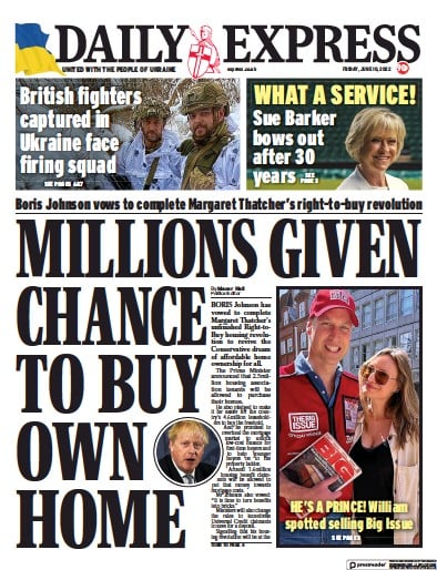 Daily Express (UK) Newspaper Front Page for 10 June 2022