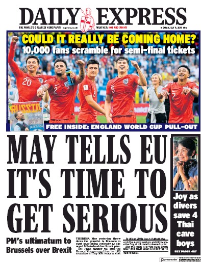 Daily Express Newspaper Front Page for 10 July 2018