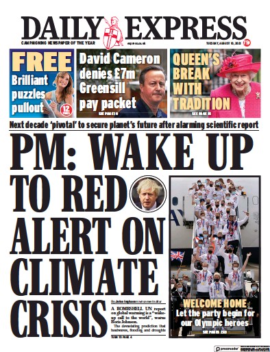Daily Express (UK) Newspaper Front Page for 10 August 2021