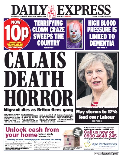 Daily Express Newspaper Front Page for 11 October 2016