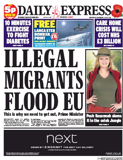 Daily Express Newspaper Front Page for 11 November 2015