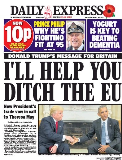 Daily Express Newspaper Front Page for 11 November 2016