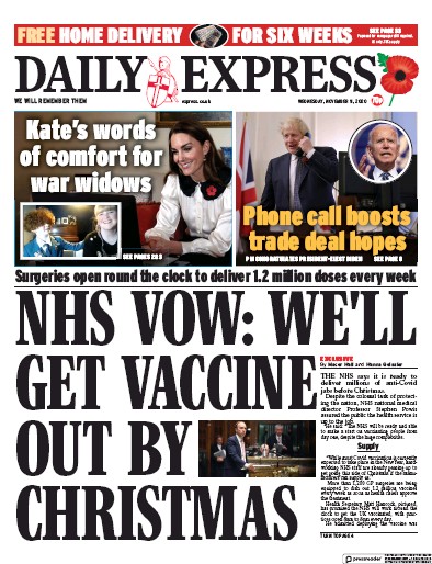 Daily Express Newspaper Front Page for 11 November 2020