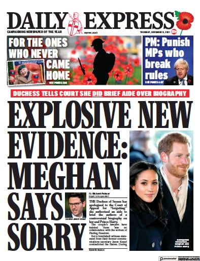 Daily Express (UK) Newspaper Front Page for 11 November 2021