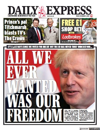 Daily Express Newspaper Front Page for 11 December 2020