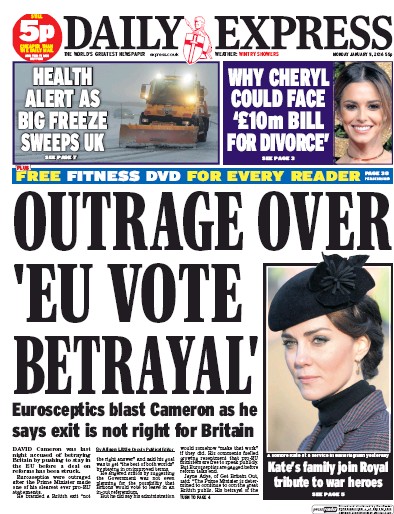 Daily Express Newspaper Front Page for 11 January 2016