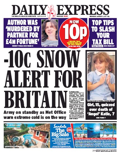 Daily Express Newspaper Front Page for 11 January 2017