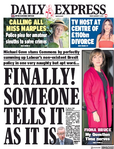 Daily Express Newspaper Front Page for 11 January 2019