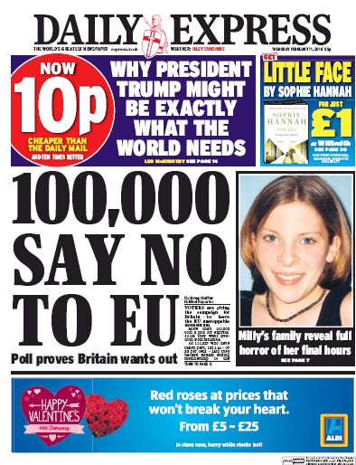 Daily Express Newspaper Front Page for 11 February 2016