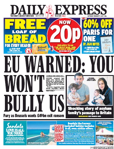 Daily Express Newspaper Front Page for 11 February 2017