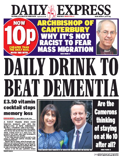 Daily Express (UK) Newspaper Front Page for 11 March 2016