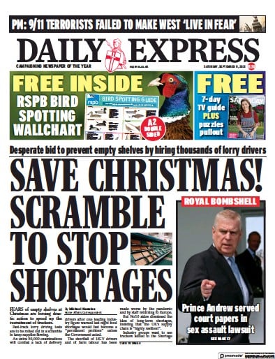 Daily Express (UK) Newspaper Front Page for 11 September 2021