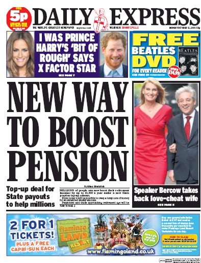 Daily Express Newspaper Front Page for 12 October 2015