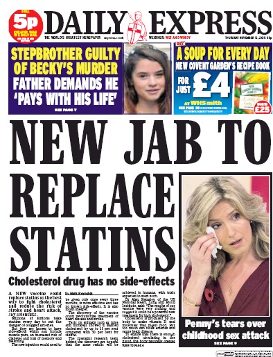 Daily Express Newspaper Front Page for 12 November 2015