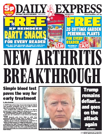 Daily Express (UK) Newspaper Front Page for 12 December 2015