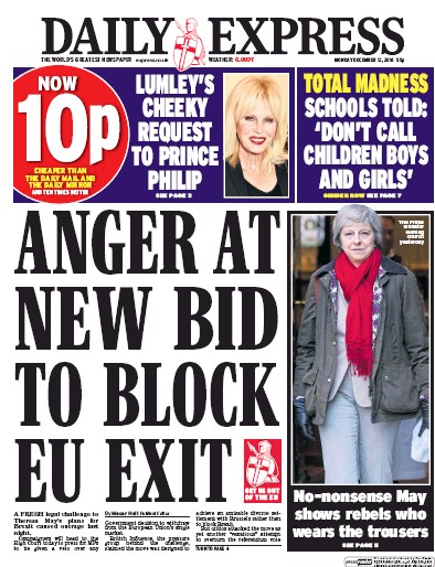 Daily Express Newspaper Front Page for 12 December 2016