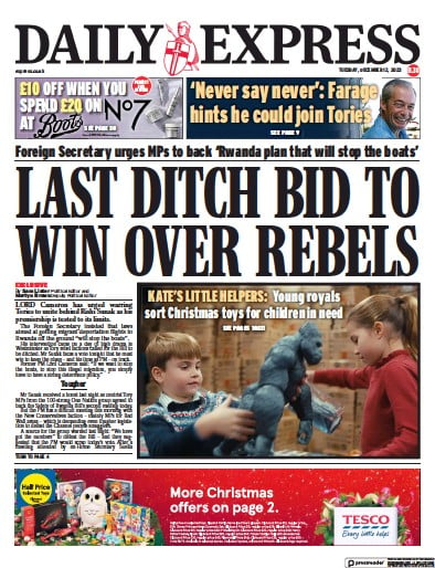 Daily Express Newspaper Front Page for 12 December 2023