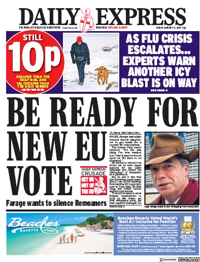 Daily Express Newspaper Front Page for 12 January 2018