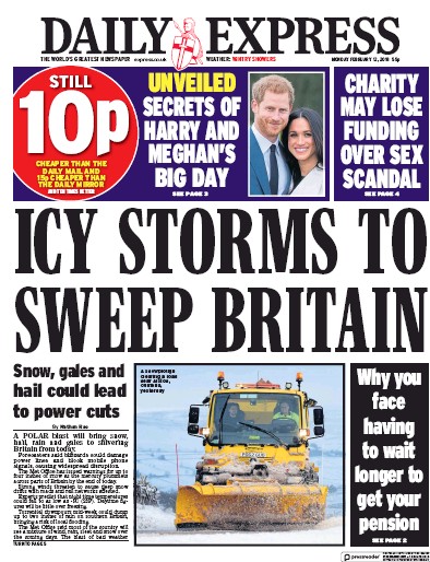 Daily Express Newspaper Front Page for 12 February 2018