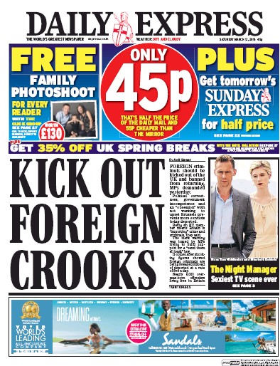 Daily Express Newspaper Front Page for 12 March 2016