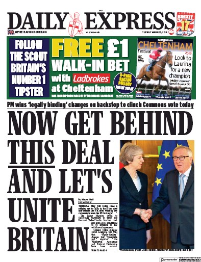 Daily Express (UK) Newspaper Front Page for 12 March 2019