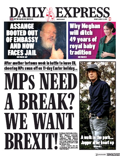 Daily Express Newspaper Front Page for 12 April 2019