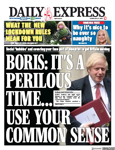 Daily Express Newspaper Front Page for 12 May 2020