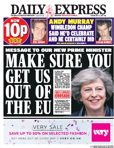 Daily Express Newspaper Front Page for 12 July 2016