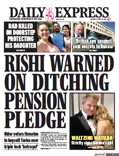 Daily Express (UK) Newspaper Front Page for 12 August 2021
