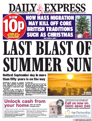 Daily Express Newspaper Front Page for 12 September 2016
