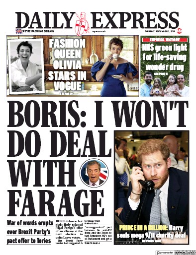Daily Express (UK) Newspaper Front Page for 12 September 2019