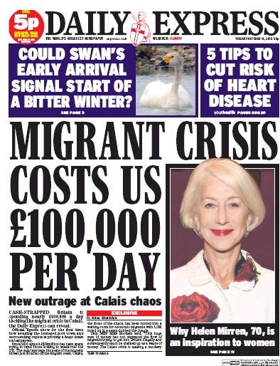 Daily Express Newspaper Front Page for 13 October 2015