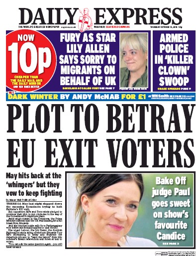 Daily Express Newspaper Front Page for 13 October 2016