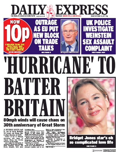 Daily Express (UK) Newspaper Front Page for 13 October 2017