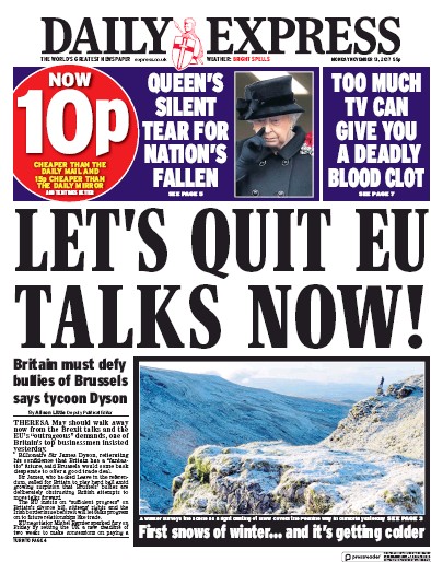 Daily Express Newspaper Front Page for 13 November 2017